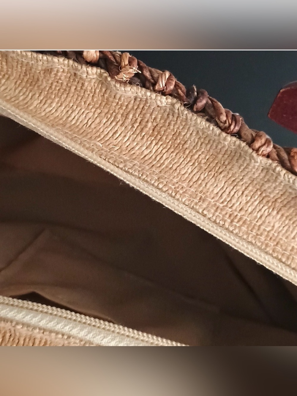 Woven Straw Basket Handbag with Repurposed LV Patch & Wood Handles - Picture 5 of 5